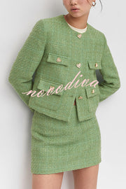 Stylish Tweed Love Button Long Sleeve Casual Pocket Jacket