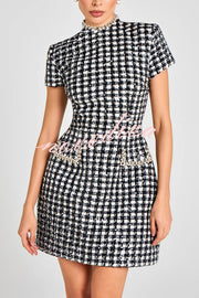 Eve Check Bouclé-tweed Fabric Pearl Trim Short Sleeve Pocketed Mini Dress