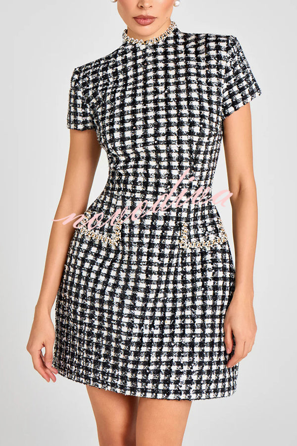 Eve Check Bouclé-tweed Fabric Pearl Trim Short Sleeve Pocketed Mini Dress