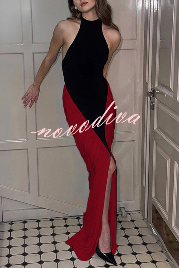 Fashionable Contrast Color Open Back Side Pleated Draped Maxi Dress