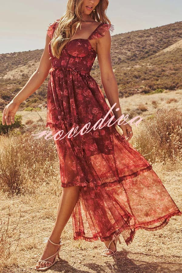 Romantic and Elegant Mesh Floral Back Smocked Tiered Ruffle Maxi Dress
