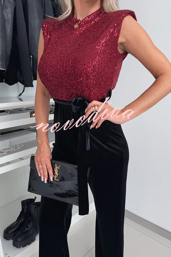 Perfect Party Style Sequin Velvet Patchwork Backless Flare Stretch Jumpsuit