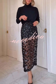 Gorgeous Flower Embellished Sequin Sheer High Rise Slit Midi Skirt