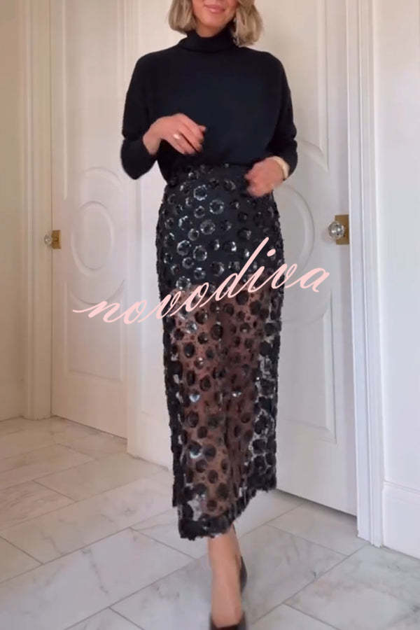 Gorgeous Flower Embellished Sequin Sheer High Rise Slit Midi Skirt