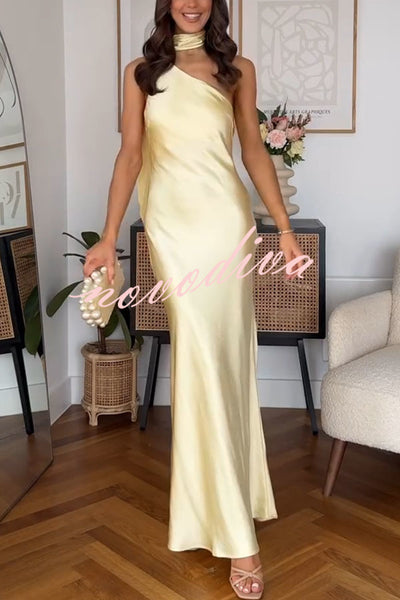 Flowing Elegance Satin One Shoulder Scarf Maxi Dress