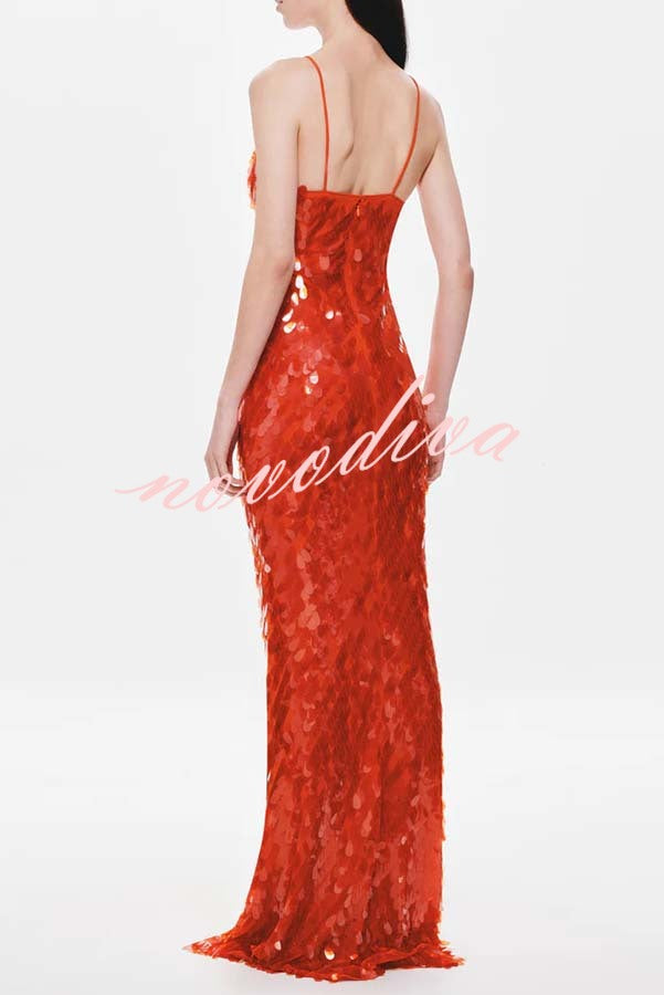 Reshape Beauty Fish Scale Sequin Cutout U-neck Slip Maxi Dress