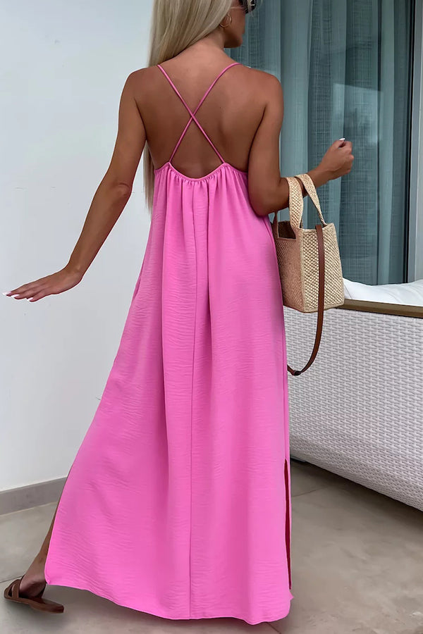 Solid Color Resort Style Spaghetti Strap Backless Maxi Dress