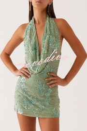 Looking Amazing Sequin Beaded Material Cowl Neck Backless Mini Dress