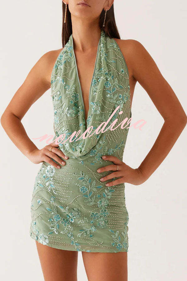 Looking Amazing Sequin Beaded Material Cowl Neck Backless Mini Dress