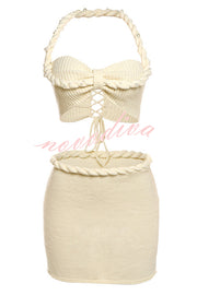 Sexy Halterneck Pearl-embellished Lace-up Tank and Fitted Knit Mini Skirt Set