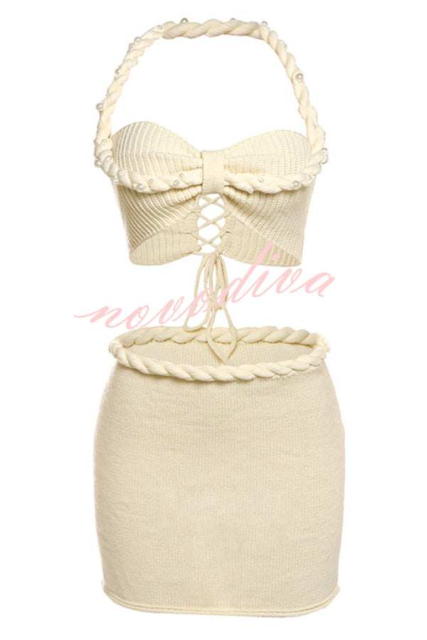 Sexy Halterneck Pearl-embellished Lace-up Tank and Fitted Knit Mini Skirt Set