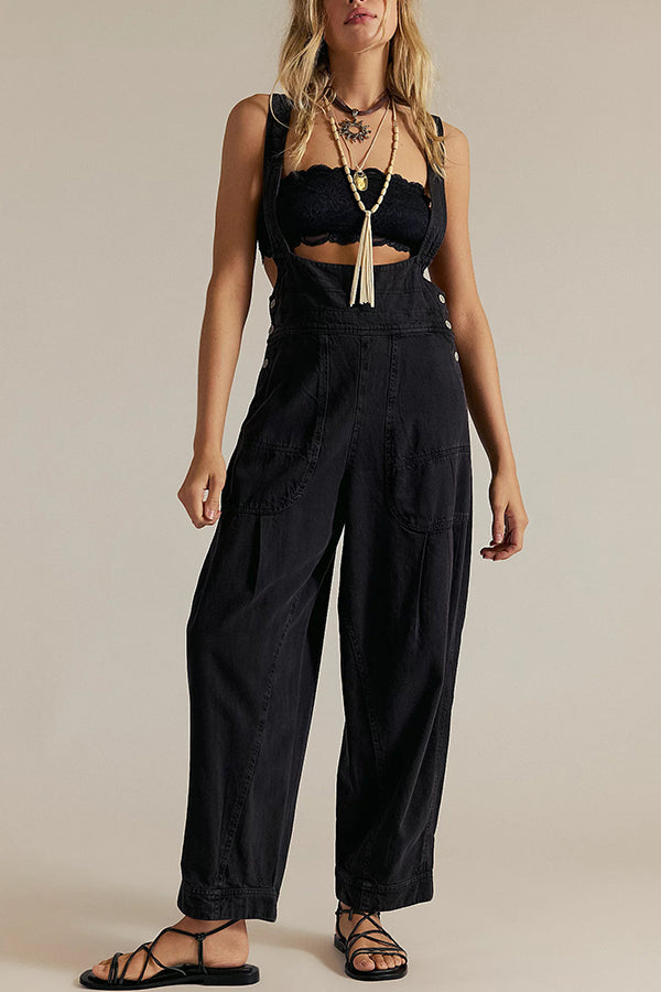 Fashionable Casual Side Pocket Button Loose Denim Overalls