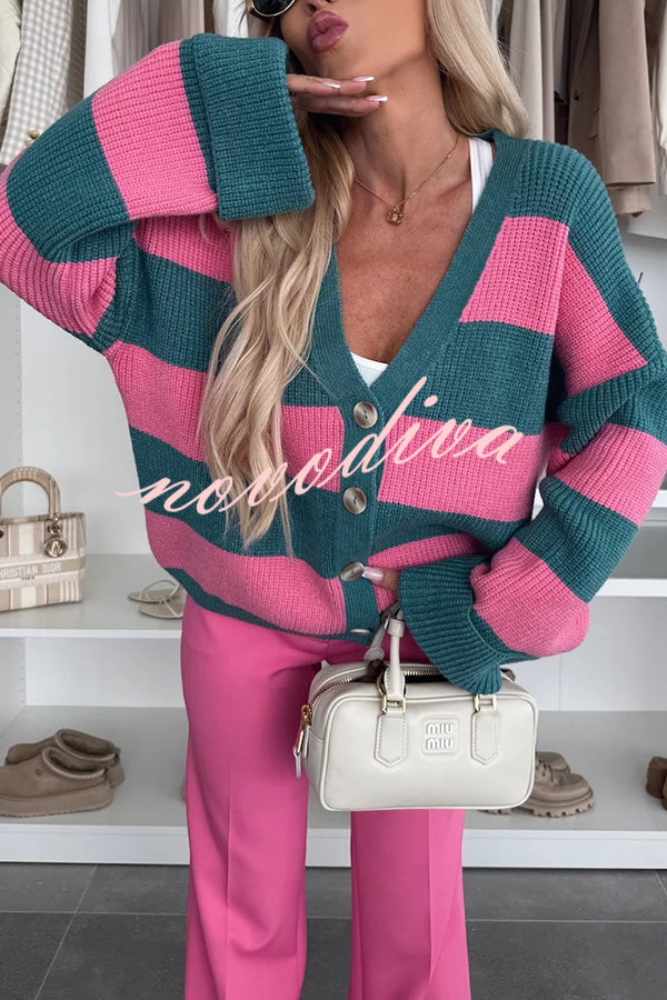 Fashion Contrast Striped Casual V-neck Long-sleeved Knitted Cardigan