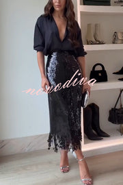 City Queen Sequin Tassel Round Pieces High Rise Back Zipper Midi Skirt