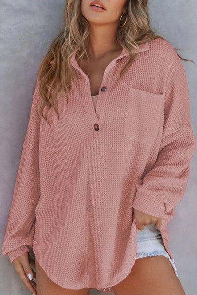 Solid Color Waffle Loose Casual Knitted Pocket Top