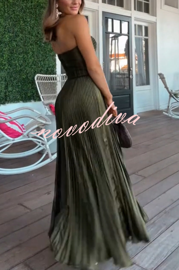 Love Note Satin Sweetheart Twist Off Shoulder Pleated Maxi Dress
