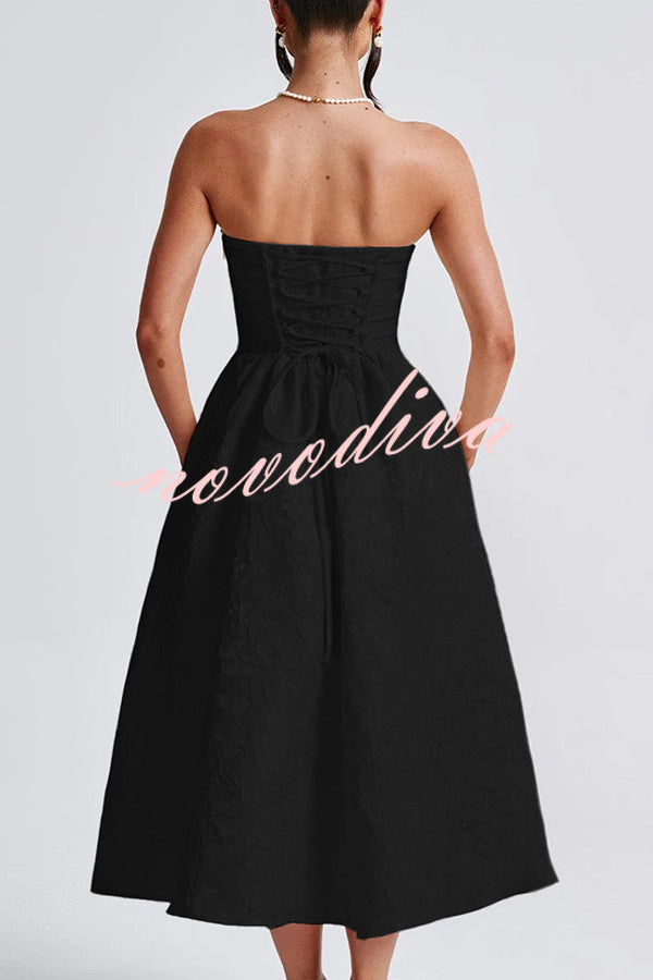 Jacquard Fabric Strapless Open Back Elegant Slim Midi Dress