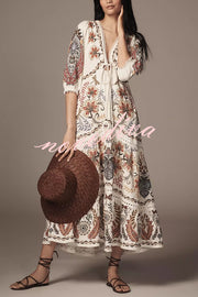 Puerto Rico Unique Print Tie-up Half Sleeve A-line Tiered Maxi Dress