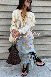 Autumn Boho Chiffon Floral Print Elastic Waist Tie-up Hem Balloon Pants