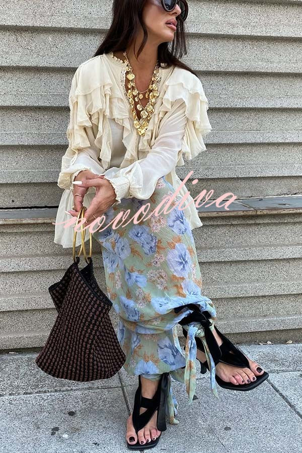 Autumn Boho Chiffon Floral Print Elastic Waist Tie-up Hem Balloon Pants
