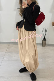 Solid Color Casual Pocket Elastic Waist Lantern Wide Leg Pants