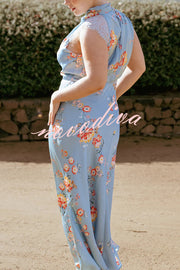 Anabelle Satin Lace Detail Floral Print High Cowl Neck Maxi Dress