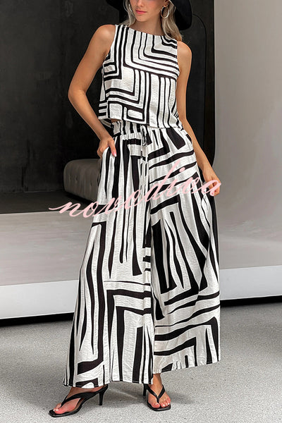 Striped Printed Sleeveless Casual Top and Elastic Waist Loose Pocket Wide-leg Pants Set