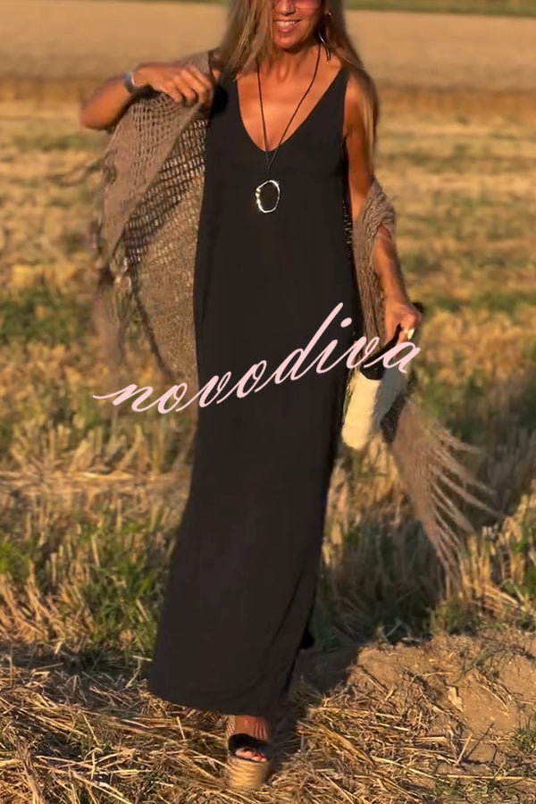 Solid Color V-neck Sleeveless Casual Loose Maxi Dress