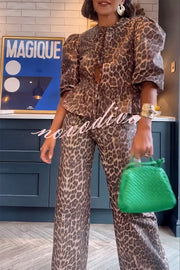 Kiana Leopard Print Peplum Tie Puff Sleeve Shirt and Elastic Waist Pocketed Loose Pants Set