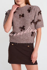 Jensin Knit Satin Bow Detail Short Sleeve Crop Sweater