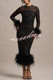 Glamor and Drama Mesh Sequin Patchwork Feather Trim Stretch Midi Dress