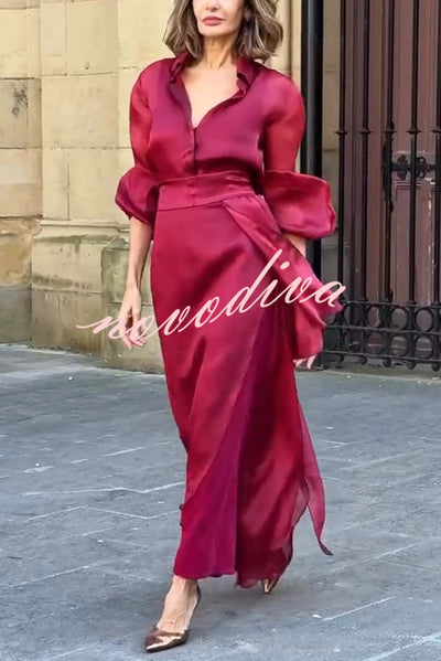 Lily Chiffon Bow Detail Puff Sleeve Blouse and Elegant Layered Maxi Skirt Set