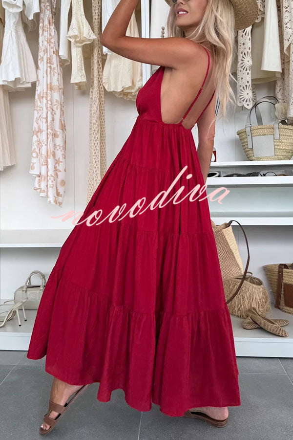 Bohemian Style V-neck Backless Slip Layered Vacation Maxi Dress