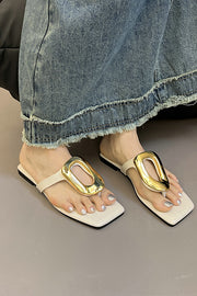Versatile Square Toe Thong Casual Flat Metal Buckle Sandals