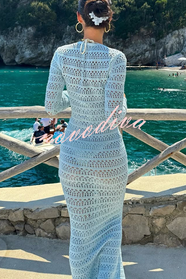 Solid Color Knit Hollow Long Sleeve Vacation Cover Up Maxi Dress