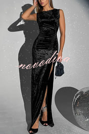 Solid Color Velvet Round Neck Sleeveless Slim Slit Maxi Dress