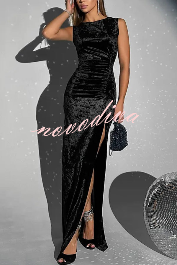 Solid Color Velvet Round Neck Sleeveless Slim Slit Maxi Dress