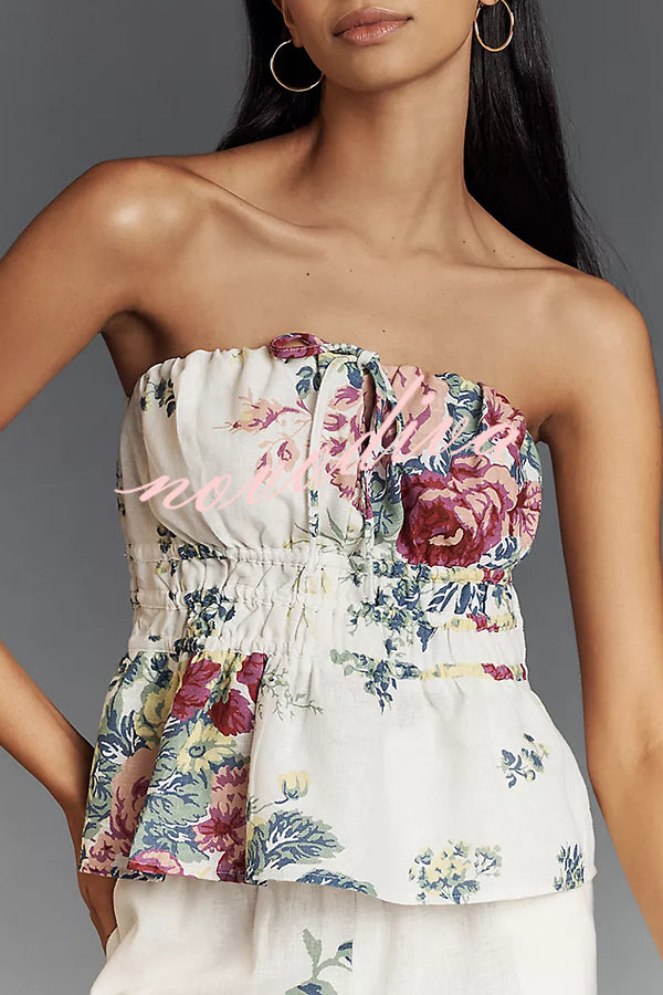 In To The Summer Linen Blend Floral Print Elastic Bandeau and Elastic Waist Pocket Loose Pants Set
