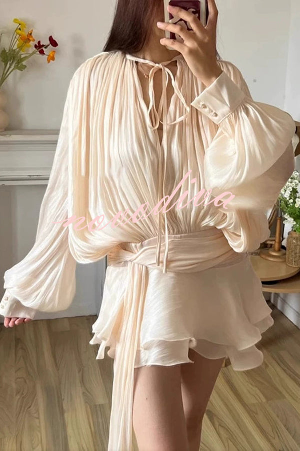 Solid Color Long Sleeve Tie Waist Irregular Mini Dress