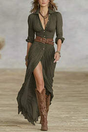 Fashion Lapel Single-breasted Waist Shirt-style Maxi Dress