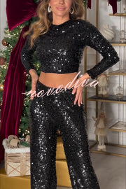 New Start Sequin Long Sleeve Back Tie-up Crop Top and Elastic Waist Loose Pants Set