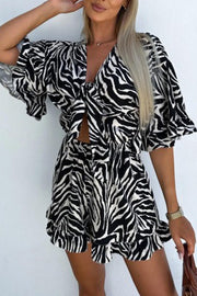 Zebra Print Ruffled Sleeves Dropped Sleeves V Neck Tie High Waist Romper