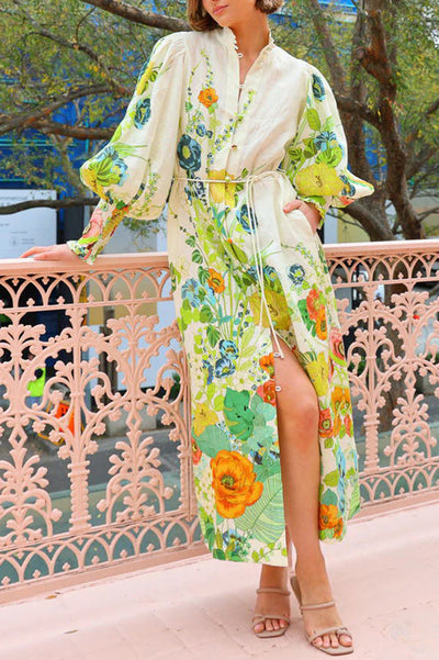 Summer Party Floral Print Balloon Sleeve Pocketed Belt Shirt Midi Dress