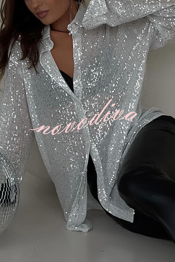 Fashion Sequin Lapel Long Sleeve Loose Shirt