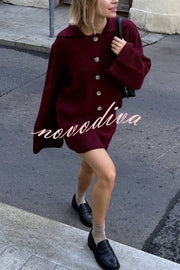 Fashion Lapel Bell Sleeve Knitted Cardigan and Casual Mini Skirt Set