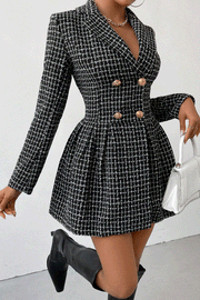 Plaid Print Lapel Long Sleeve Office Mini Dress