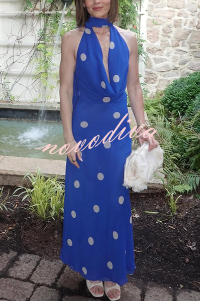 Fashion Polka Dot Print Sexy Halter Neck Backless Maxi Dress