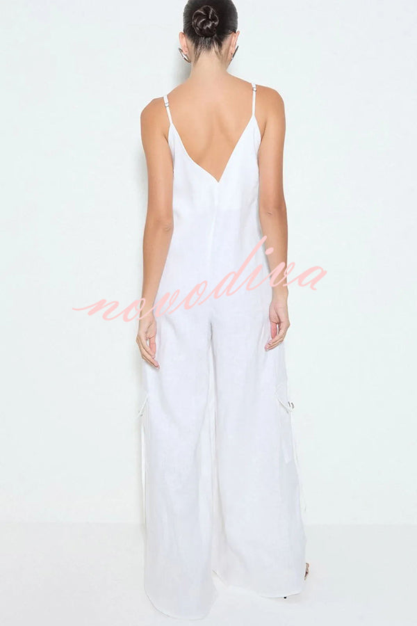 Zola Center Front Zipper Pocketed Wide Leg Loose Cargo Slip Jumpsuit