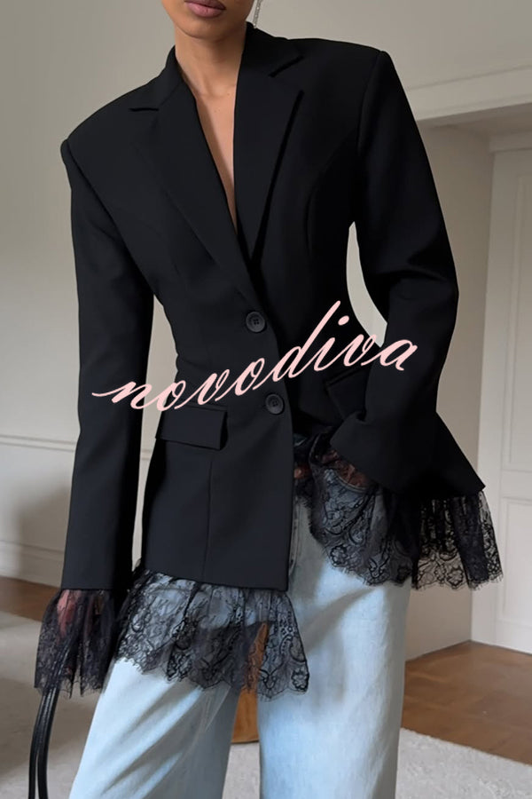 Solid Color Lace Panel Long Sleeve Button Elegant Blazer