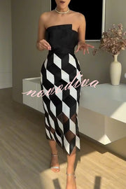 Sexy Tube Top and Backless Rhombus Contrast Midi Dress